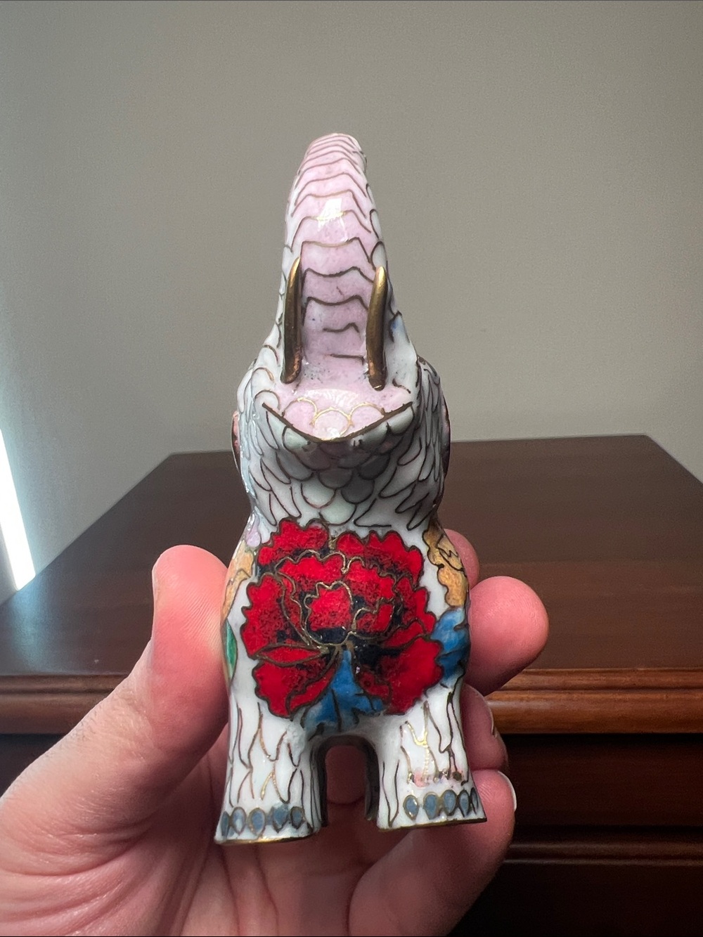 Vintage Colorful Cloisonné Enamel Elephant Figurine with Wooden Display Stand - Picture 7 of 13